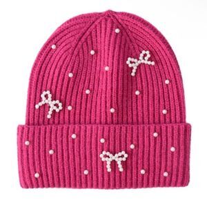 NWT Pearl Bow Charm Beanie Hat Fuchsia Hot Pink One Size for Women
